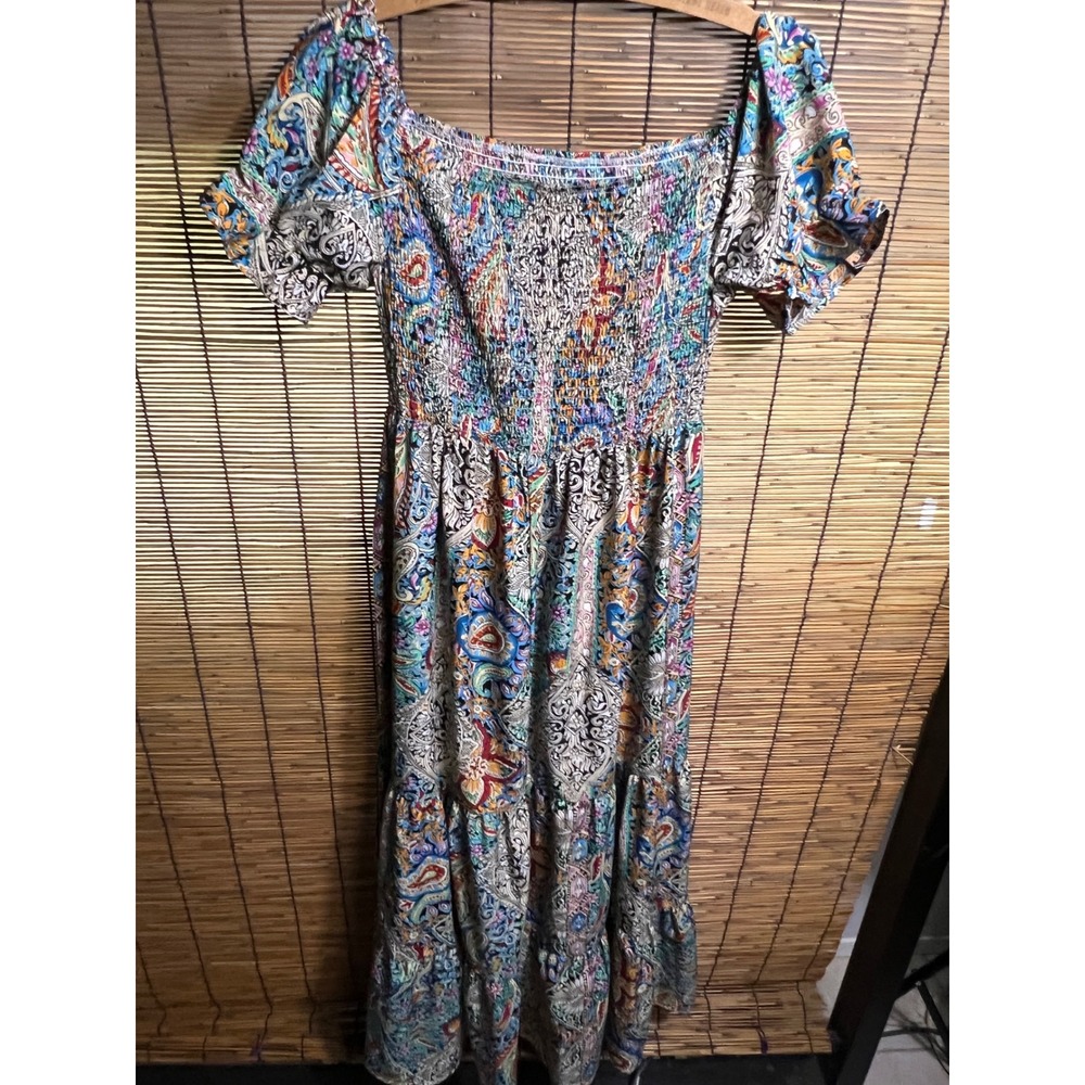 Boho Paisley Smocked Maxi Dress Multi Color Floral Puff Sleeve Tiered Small